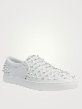 Stuart Weitzman - White Slip On Pearl Trim Flats